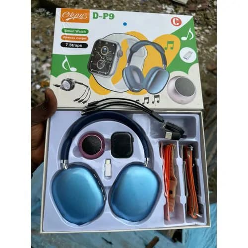 D-P9 Smartwatch Combo - 7 Straps Wireless Charger Headset - Blue 3