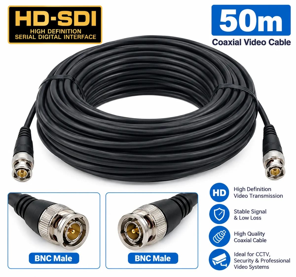 HD-SDI BNC Male-to-Male Coaxial Video Cable, 50m 2
