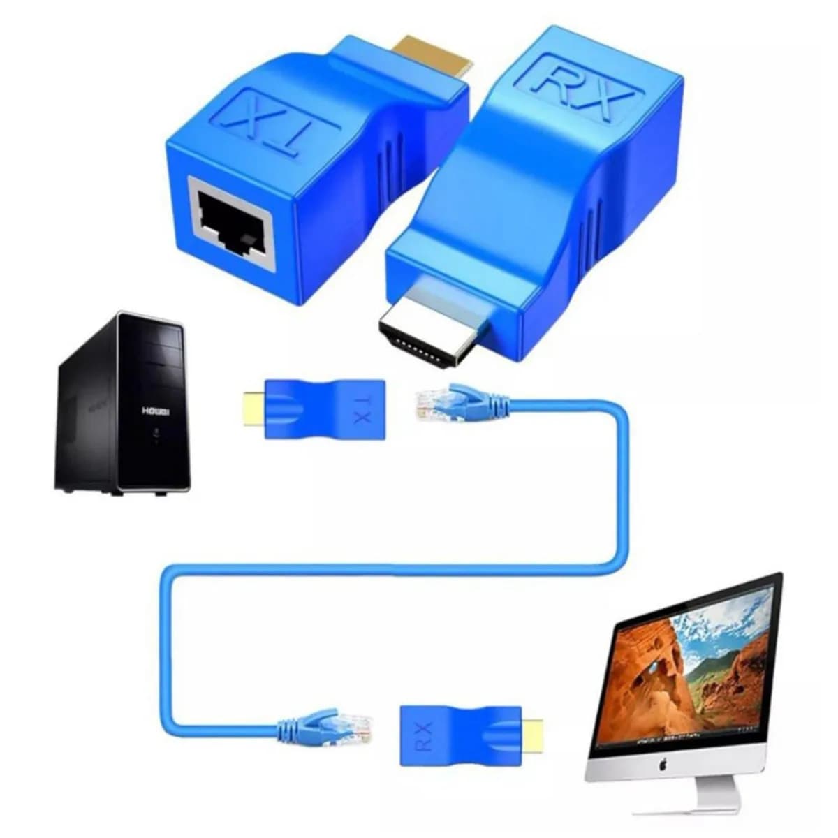 2PCS 1080P HDMI Extender to RJ45 Over Cat5e/Cat6 Network LAN Ethernet Adapter (Blue) 3