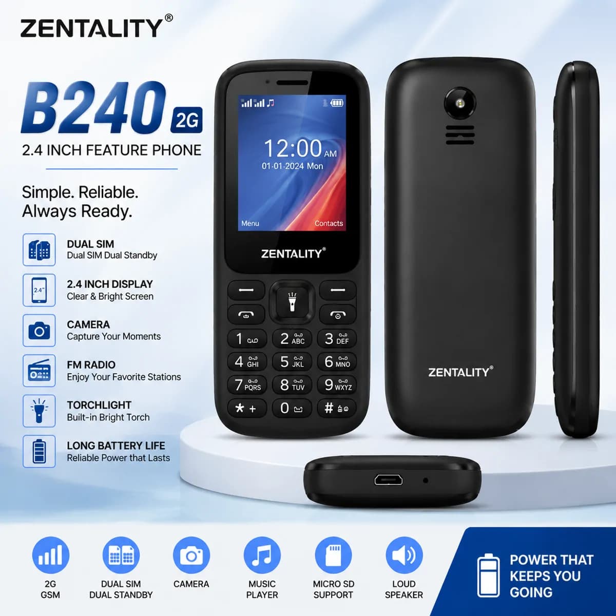 Zentality B240 2G 2.4 Inch Feature Phone – Dual SIM GSM Mobile Phone with Camera