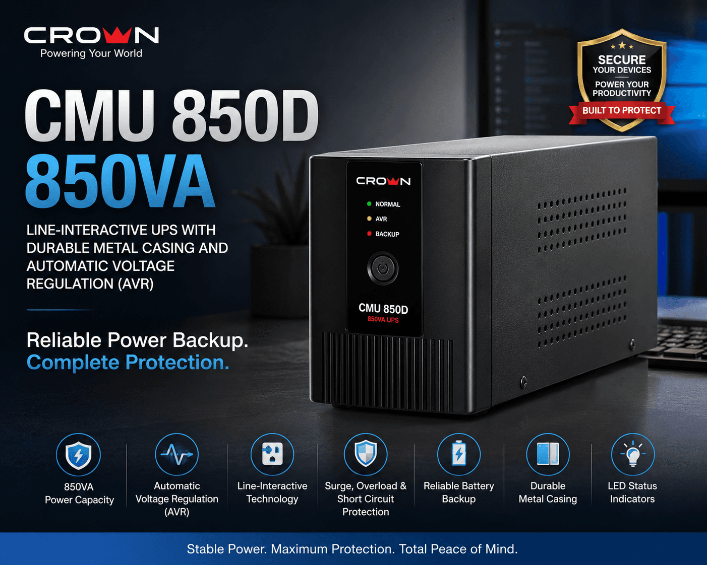 CROWN CMU 850D 850VA Line-Interactive Uninterruptible Power Supply (UPS) 2