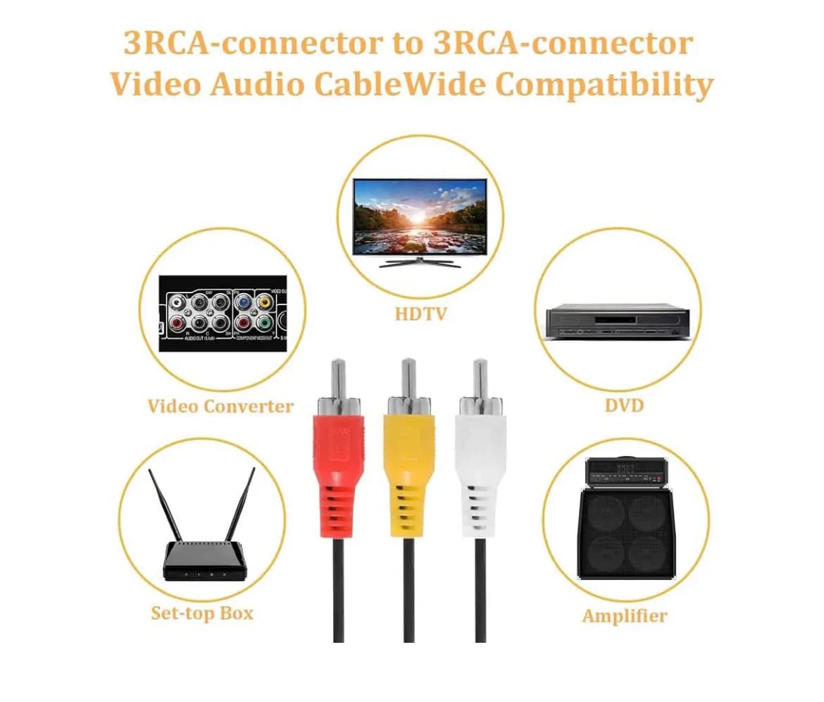 Rca Av Cable - 3 In 1 Composite Cable - Red White Yellow Connectors - Audio Video 3