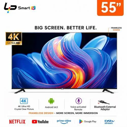 LP LP Smart TV 55-Voice Bluetooth Remote-4K UHD-Android 14.0-1.5+8GFrameless-WiFi+Bluetooth-3 HDMI + 2 USB+ 1 year warranty - Black