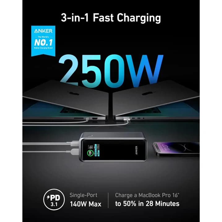 Anker Prime 250w Power Bank  100w  3 port Portable Charger 4