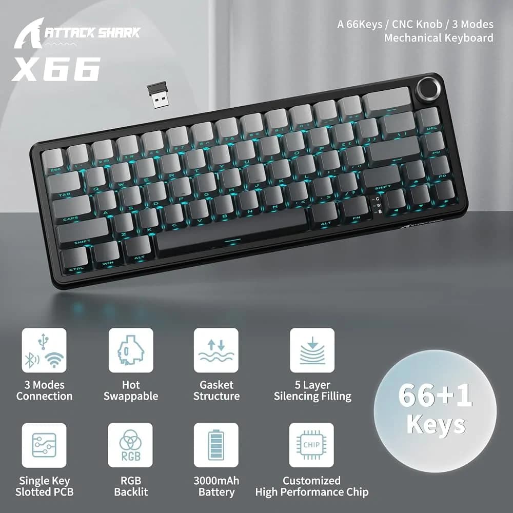 Attack Shark X66 Wireless Mechanical Gaming Keyboard With Knobtri Mode Usb-c/bt5.0 3