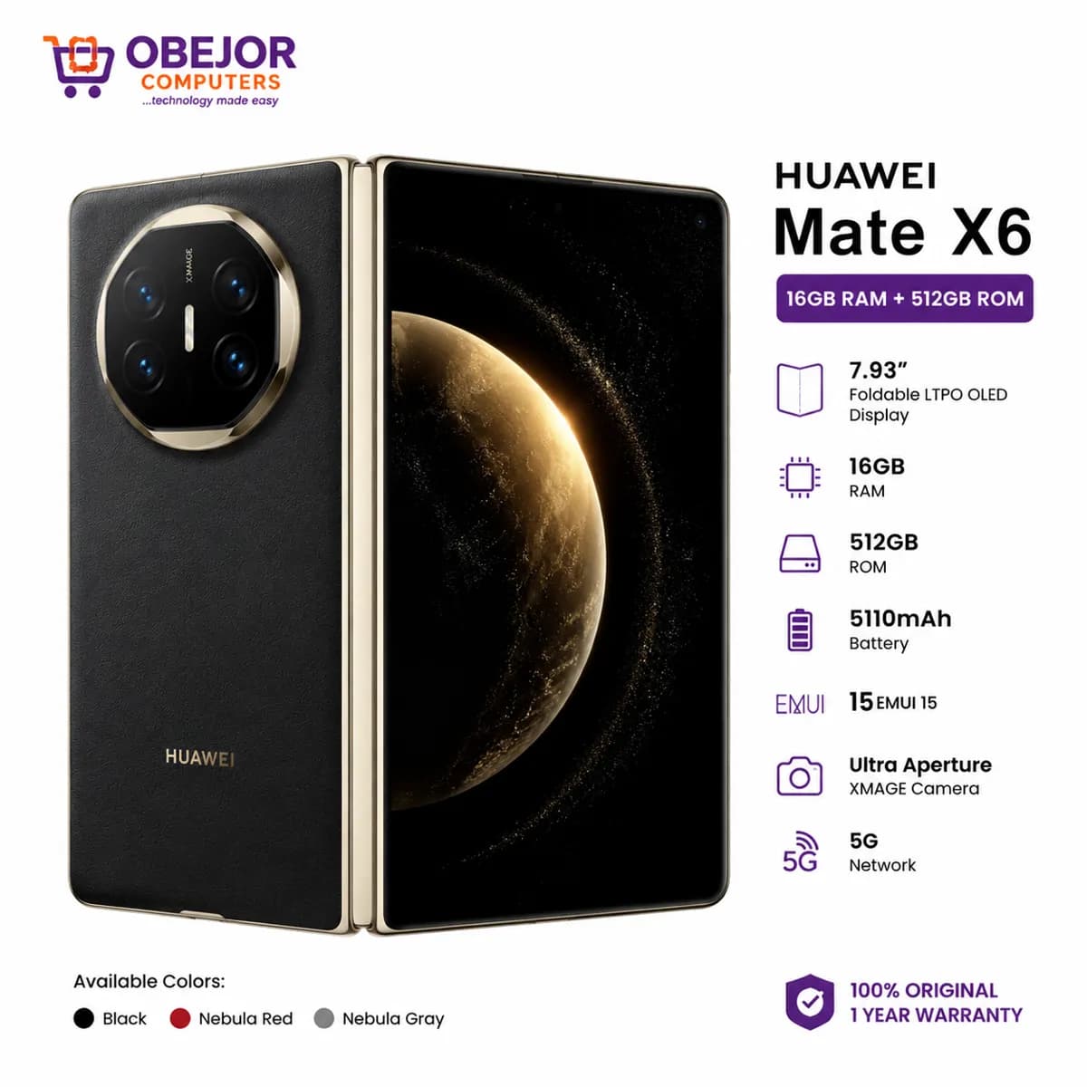 Huawei Mate X6 16gb Ram 512gb Rom 7.93 Inch 5110mAh Emui 15