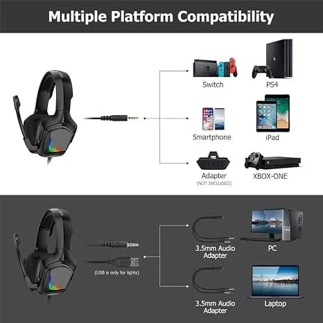 K20 Wired Headphones with Microphone RGB Light Gaming Headsets Noise Cancelling Earphones 5