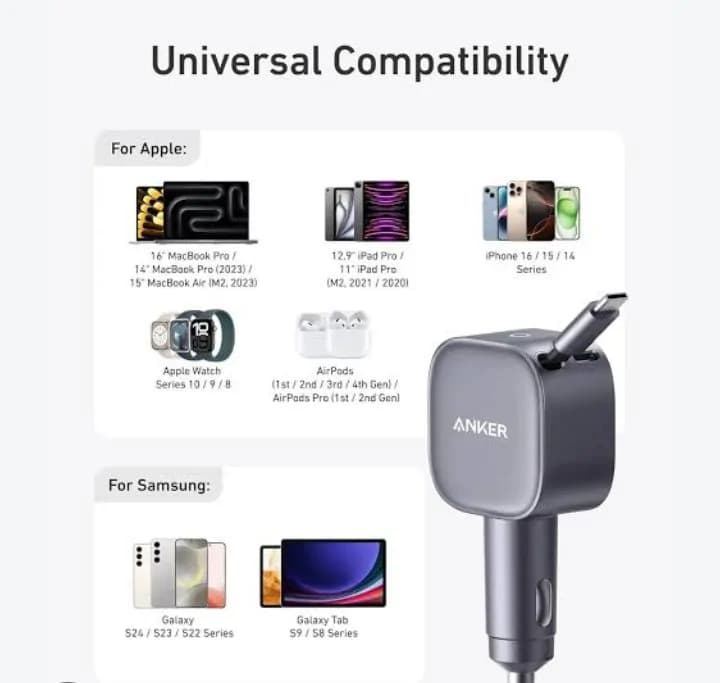 Anker Nano Usb-c Car Charger, 75w Max Fast Charging With Built-in Retractable Cable 3