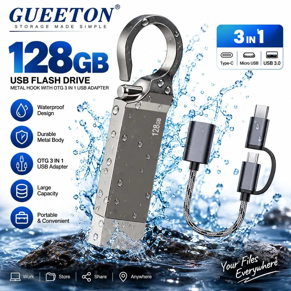 Gueeton 128gb Usb Flash Drive metal Hook OTG 3Unit In 1 Usb Adapter
