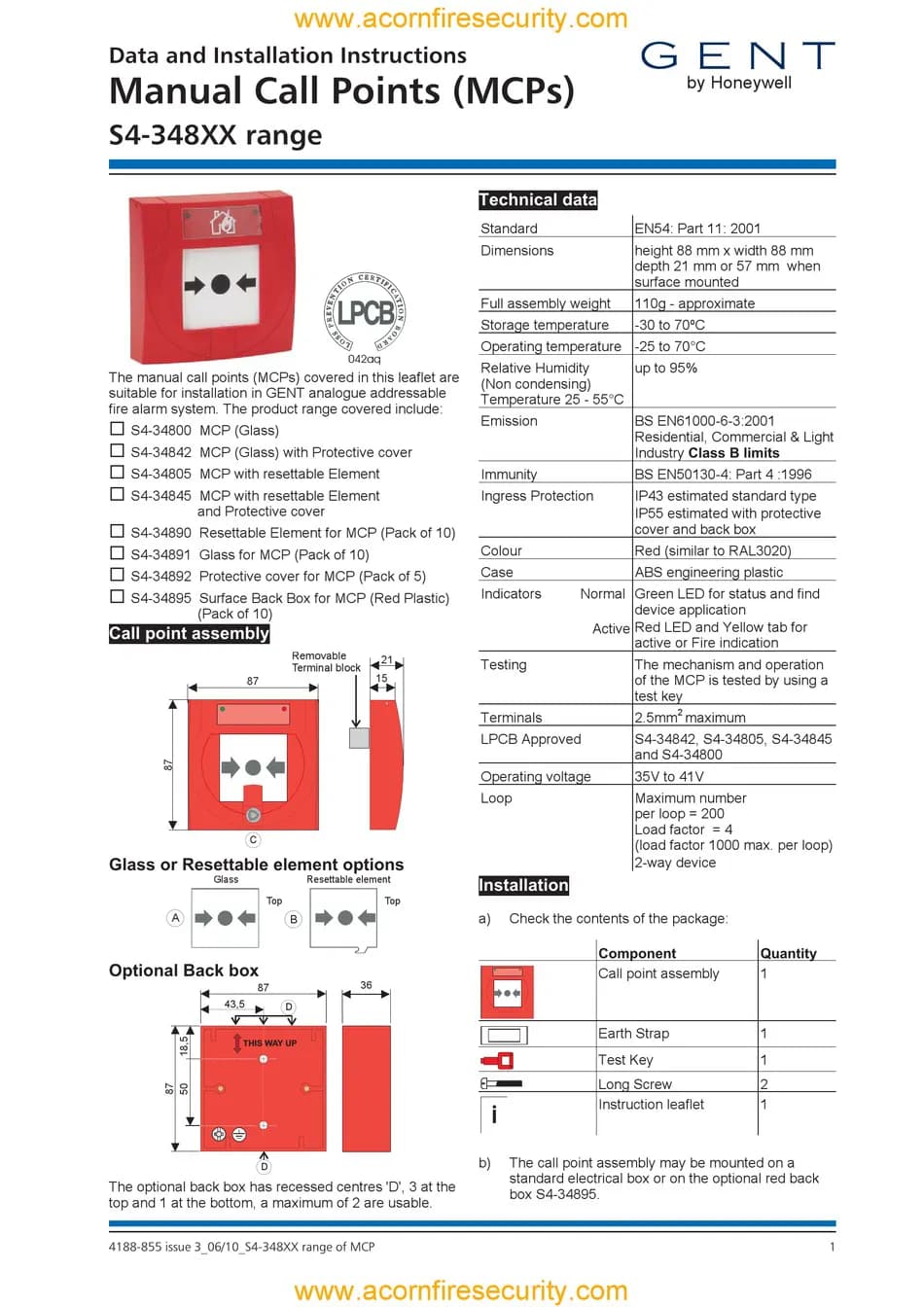 Honeywell Gent S4-34805 S-Quad Addressable Manual Call Point 4