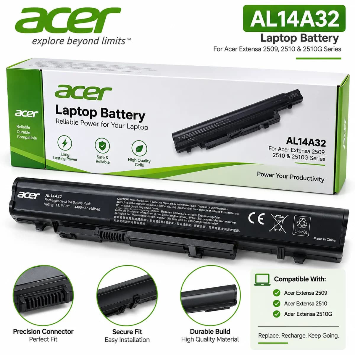 Acer Extensa 2509 2510 & 2510G Laptop Battery E15 Model AL14A32 3