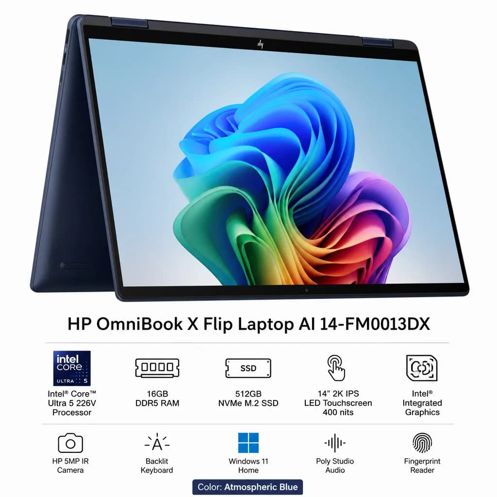 Hp Omnibook X Flip Laptopn Ai 14-Fm0013dx Intel Core Ultra 5 226v Processor 16GB DDR5-5200 512GB Plce Ssd Win 11 Home 14-Inch