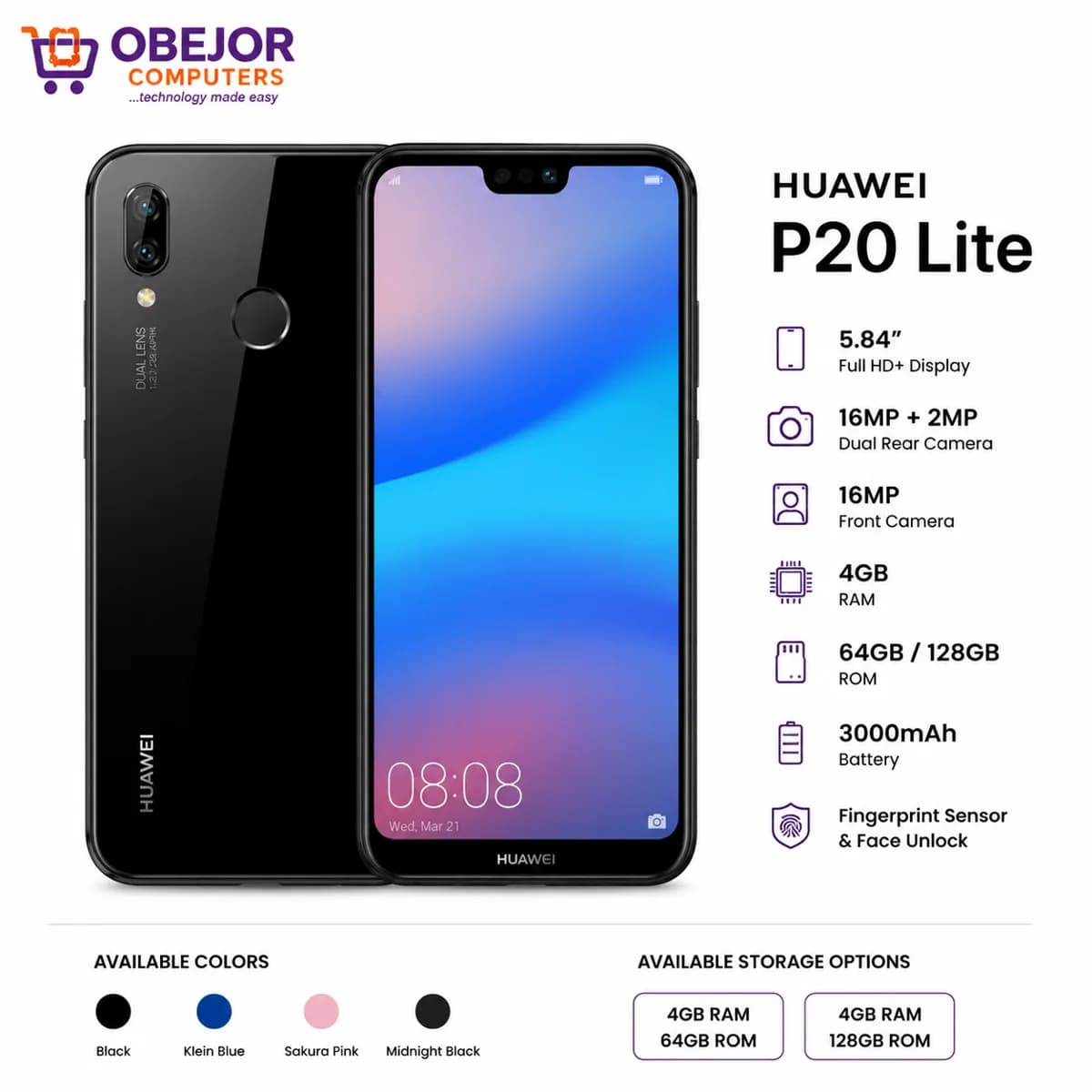 Huwa P20 Lite 4gb Ram 64gb Rom 5.84 Inch 3000mAh Emui 9.0