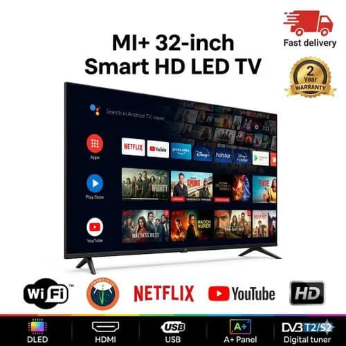 Mi+ 32" HD Smart LED TV – Android 14, HDMI, USB , Wi-Fi – 2-Year Warranty – Black (MI-S32T1A)