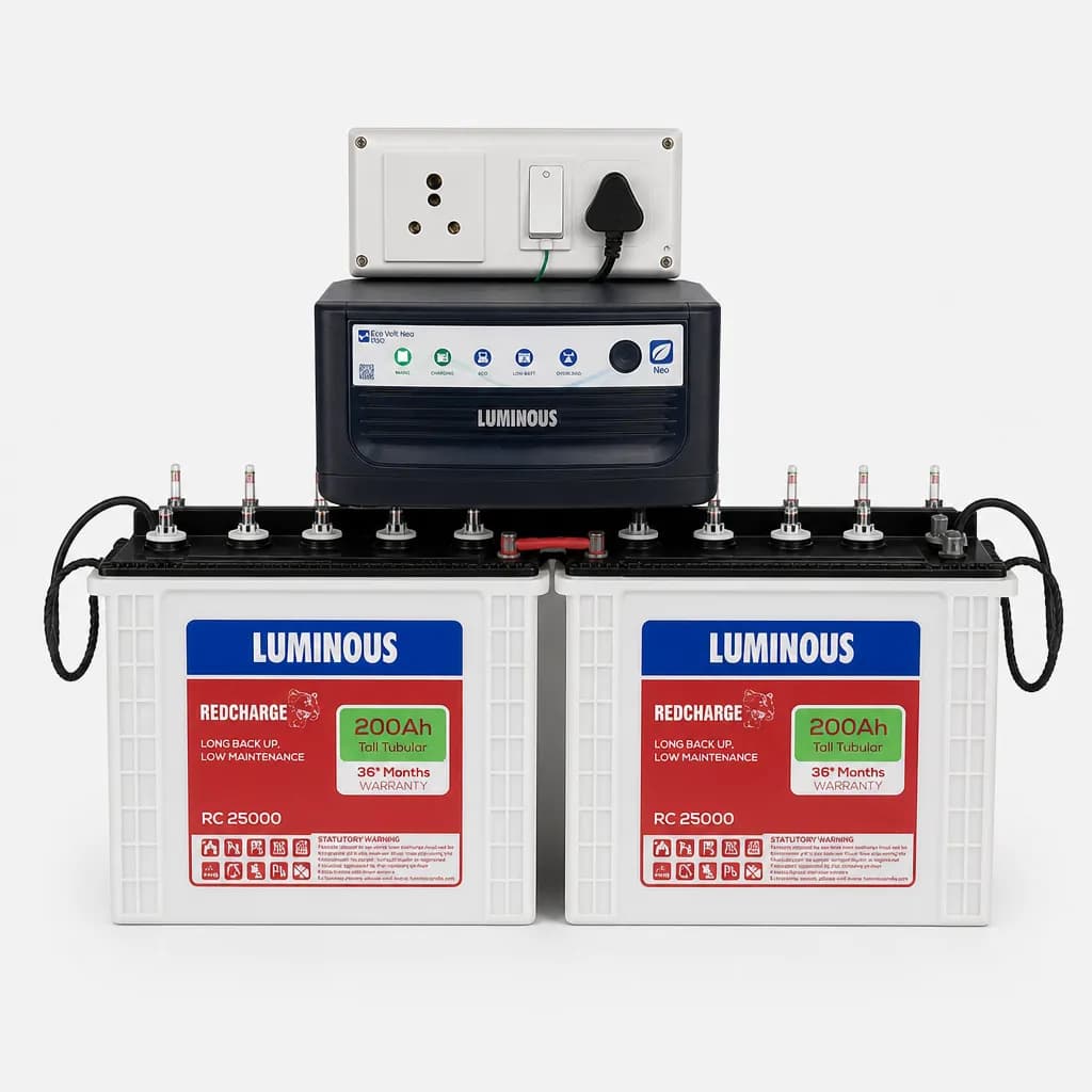 Luminous 1.5KVA Inverter + 2 × 200Ah Quanta Batteries + Extension Box