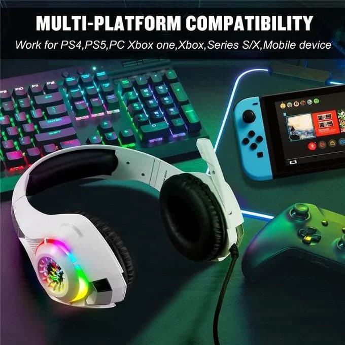 Gs410 For Pc / Ps4 / Ps5 Gaming Headset Rgb Light Wired Headphone With Audio Adapter Cable - White 5