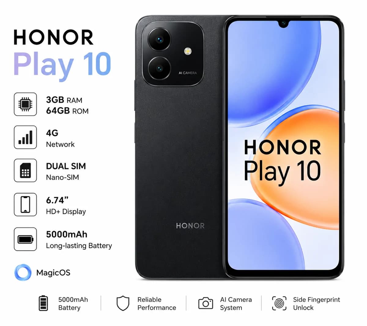 Honor Play 10 64GB Rom 3GB Ram 4G Dual SIM 6.74inches 5000mAh 4