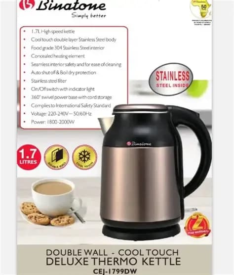 Binatone Deluxe Thermo Kettle - Cej-1799dw - 1.7L - 2000W 2