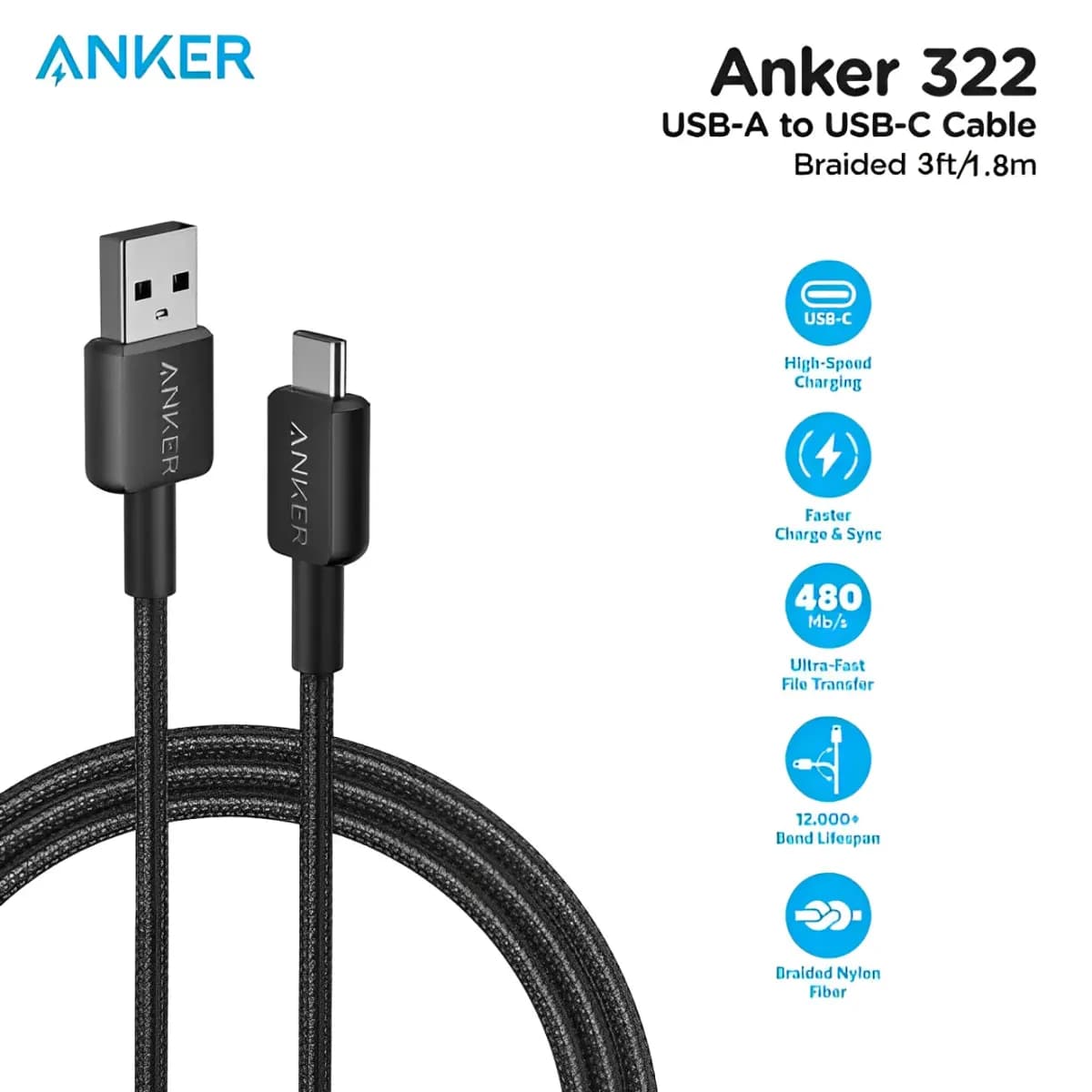 Anker 322 USB-A to USB-C Braided Cable 3ft Black 2