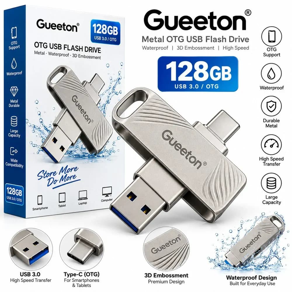 Gueeton 128gb Metal OTG Usb Flash Drive Waterproof 3D Embossment