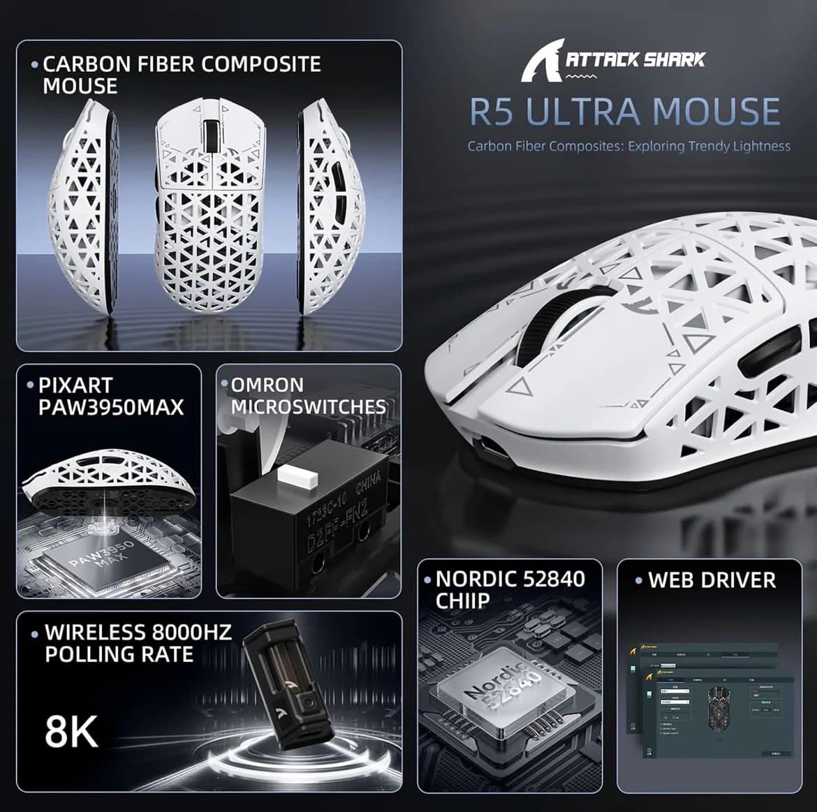 Attack 8 Shark R5ultra 8k Carbon Fiber Wireless Gaming Mouse With 42000 Dpi 3