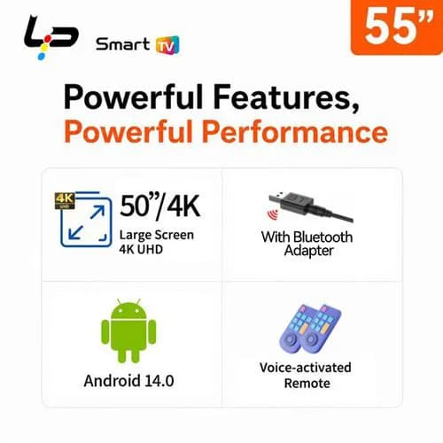 LP LP Smart TV 55-Voice Bluetooth Remote-4K UHD-Android 14.0-1.5+8GFrameless-WiFi+Bluetooth-3 HDMI + 2 USB+ 1 year warranty - Black 4