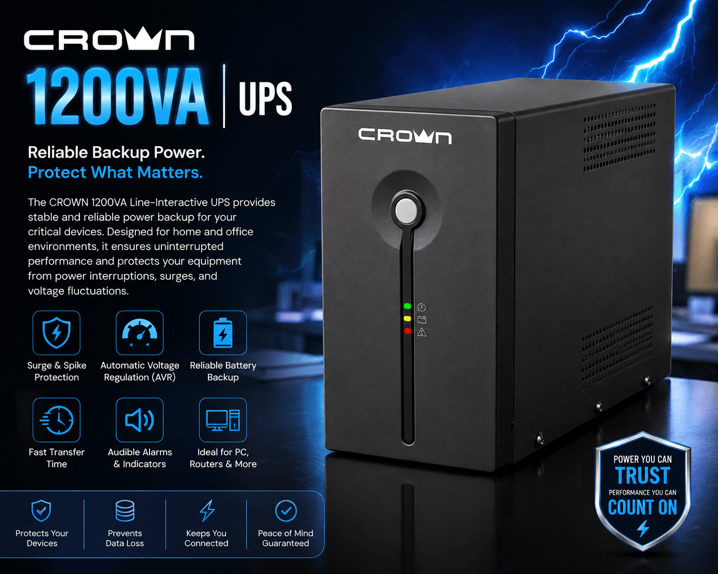 CROWN 1200VA Line-Interactive Uninterruptible Power Supply (UPS) 3