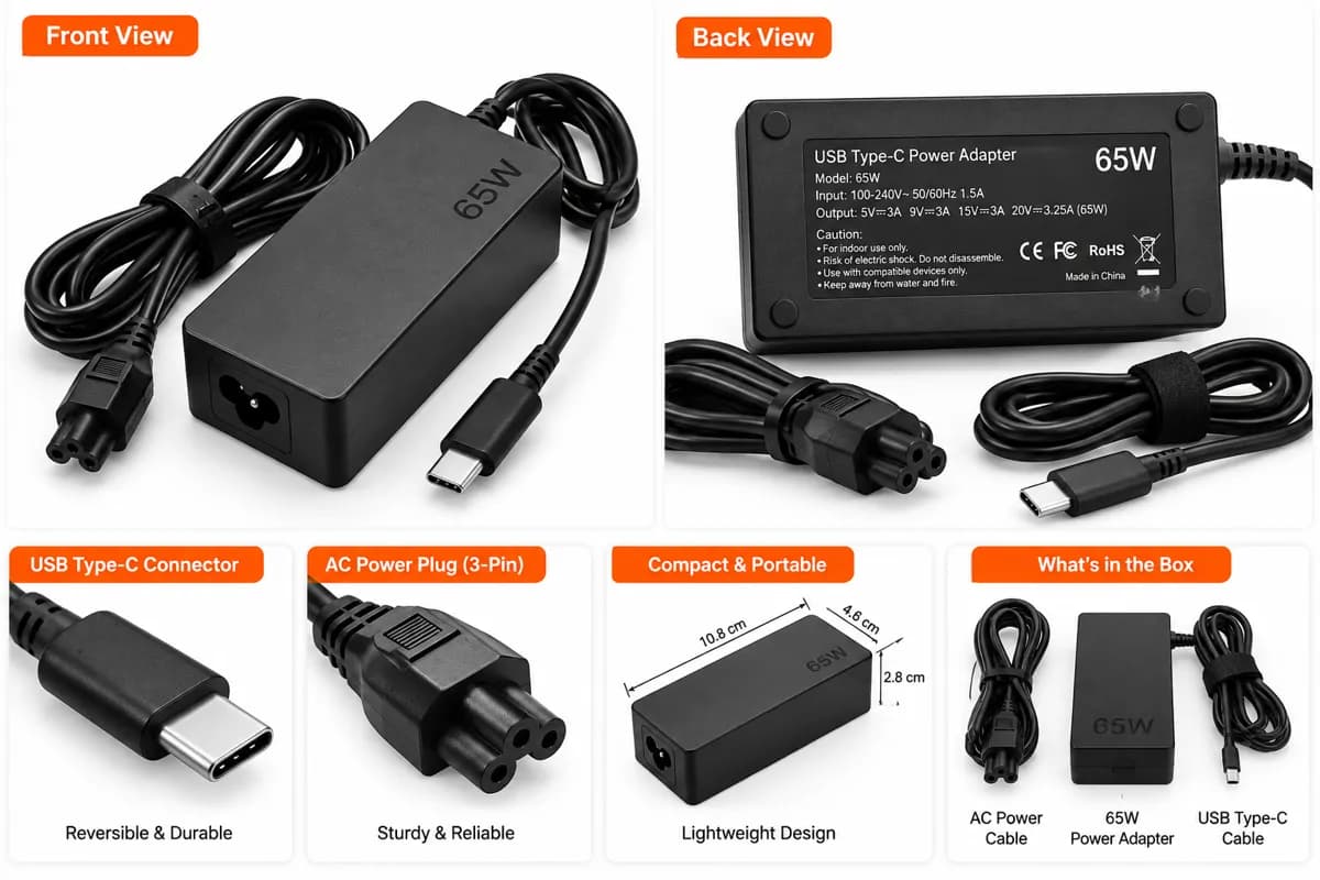 Laptop Charger Ac Dc Power Adapter Type C Charger 65w