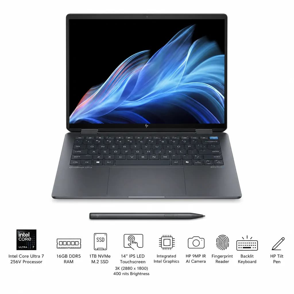 Hp Omnibook Ultra Flip Laptopngai 14-Fh000 Intel Core Ultra 7 256v Processor 16GB DDR5 1TB Plce Ssd Win 11 Pro 14-Inch