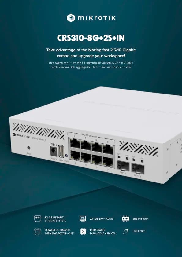 MikroTik CRS310-8G+2S+IN 8-Port 2.5G Switch with 2 SFP+