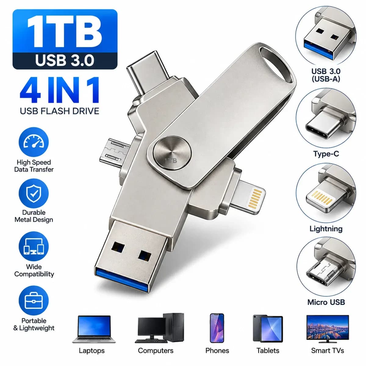 1Tb Usb Flash Drive 4 in 1 USB 3.0 High Speed Stick Thumb Drive
