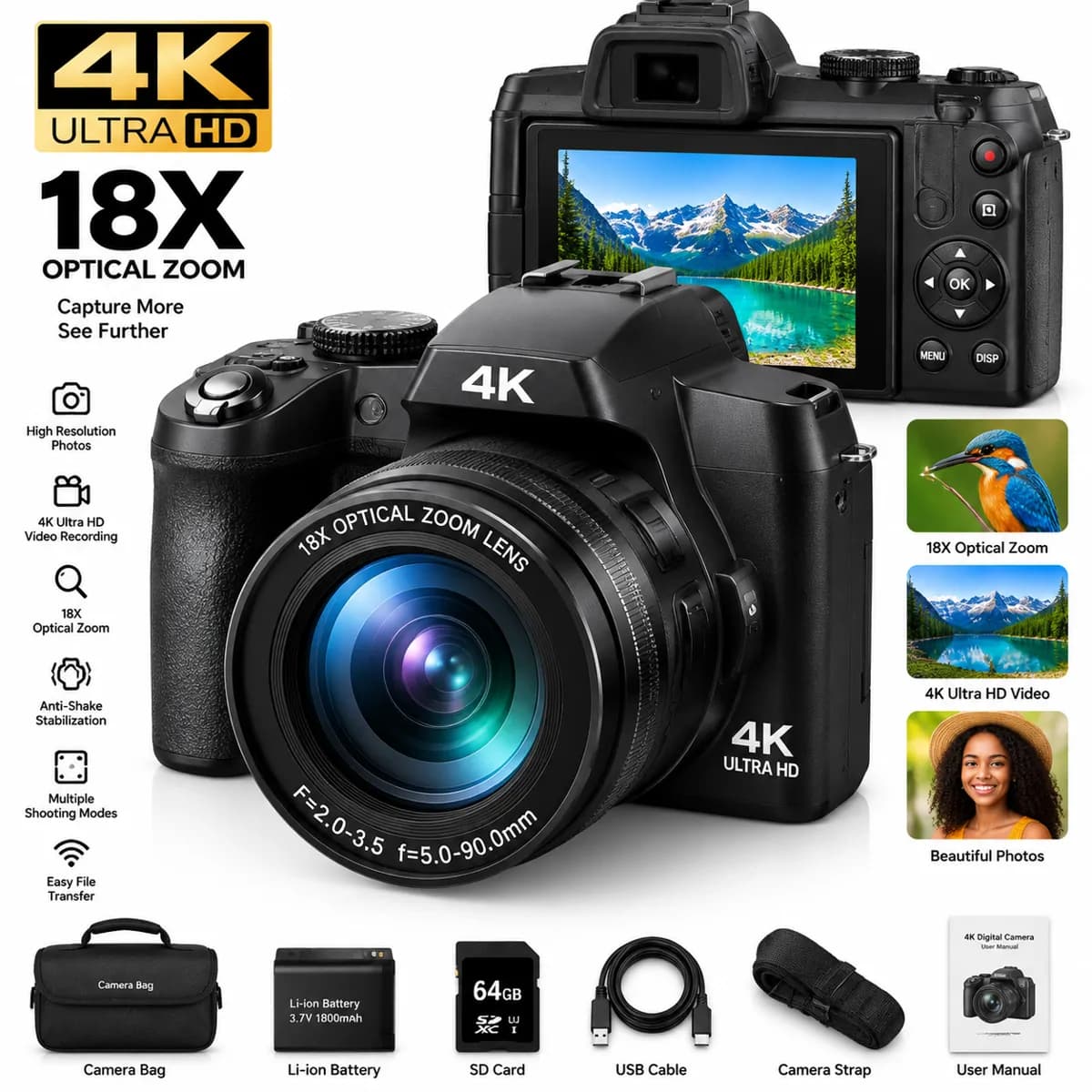 18x Optical Zoom 4k Hd Digital Camera
