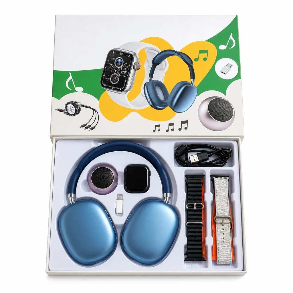 D-P9 Smartwatch Combo - 7 Straps Wireless Charger Headset - Blue