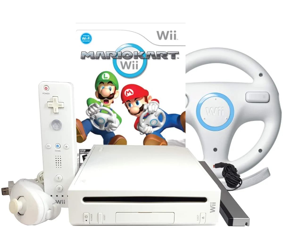 NINTENDO WII CONSOLE WITH 6 DOWNLOADED GAMES (MARIO KART BUNDLE)